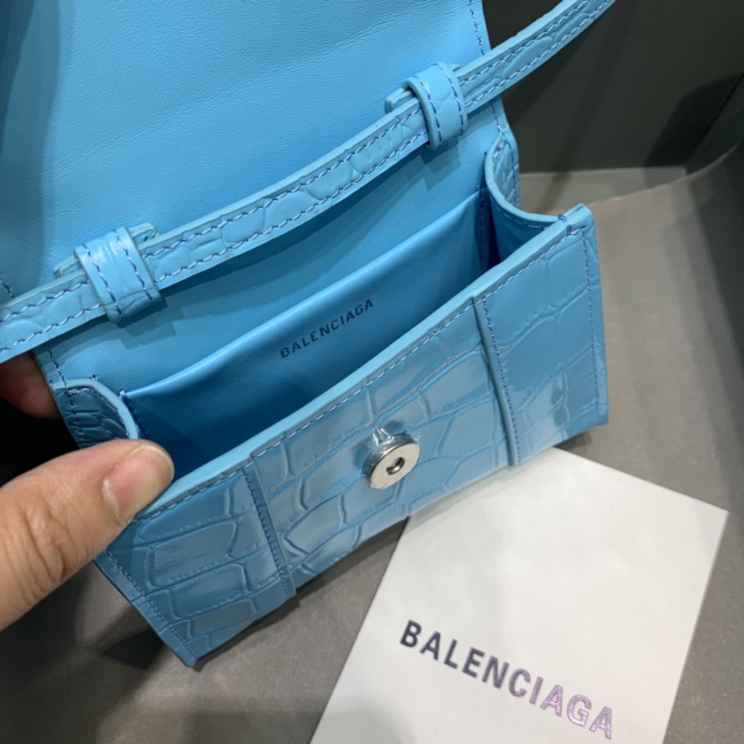 Balenciaga Hourglass Mini Handbag Crocodile Embossed Shoulder Bag Blue 